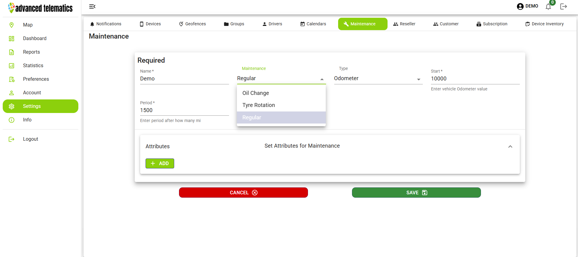 Maintenance Configuration Form
